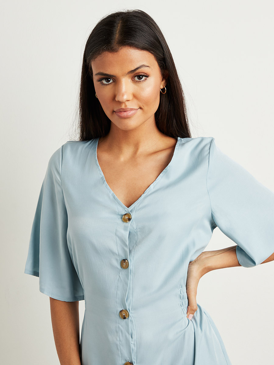 Styli Solid Flare Sleeves A-Line Midi Dress with Button Closure-women-clothing-dresses-image-4