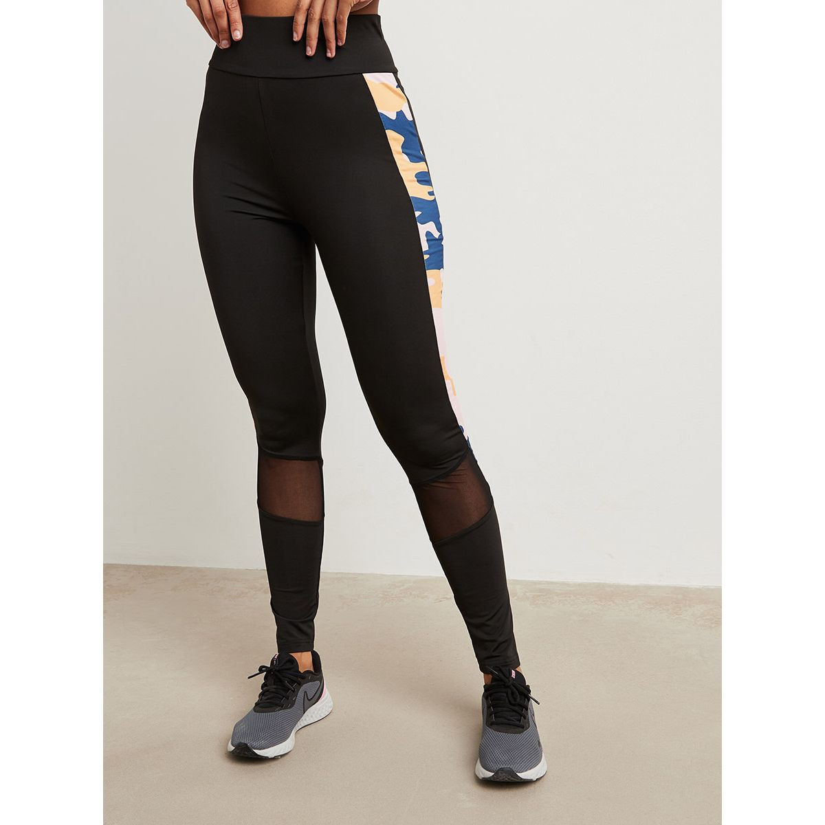 Styli Camo Printed Mesh Insert Detail Leggings-women-clothing-leggings-image-1
