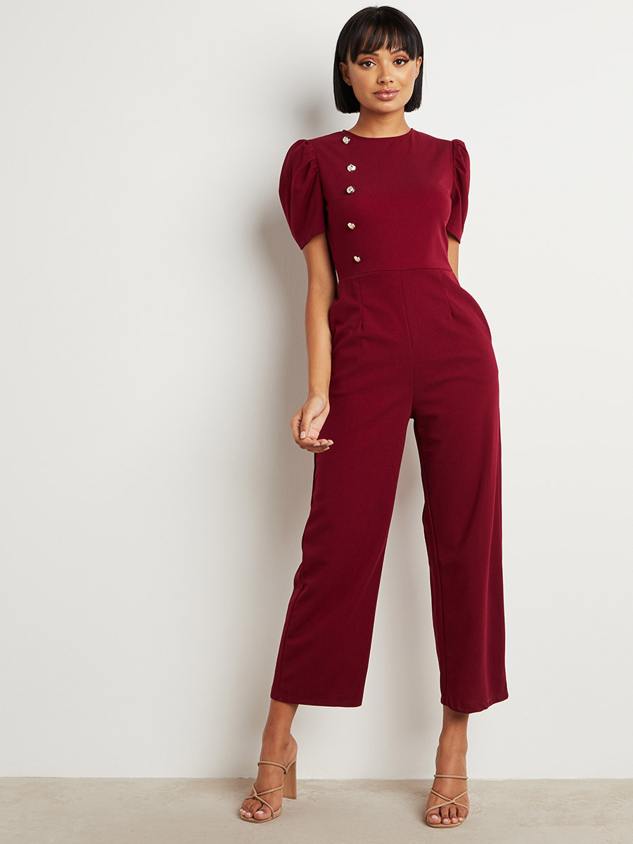 Styli Gathered Puff Sleeves Wide Leg Jumpsuit with Zip Closure-women-clothing-jumpsuits-image-5