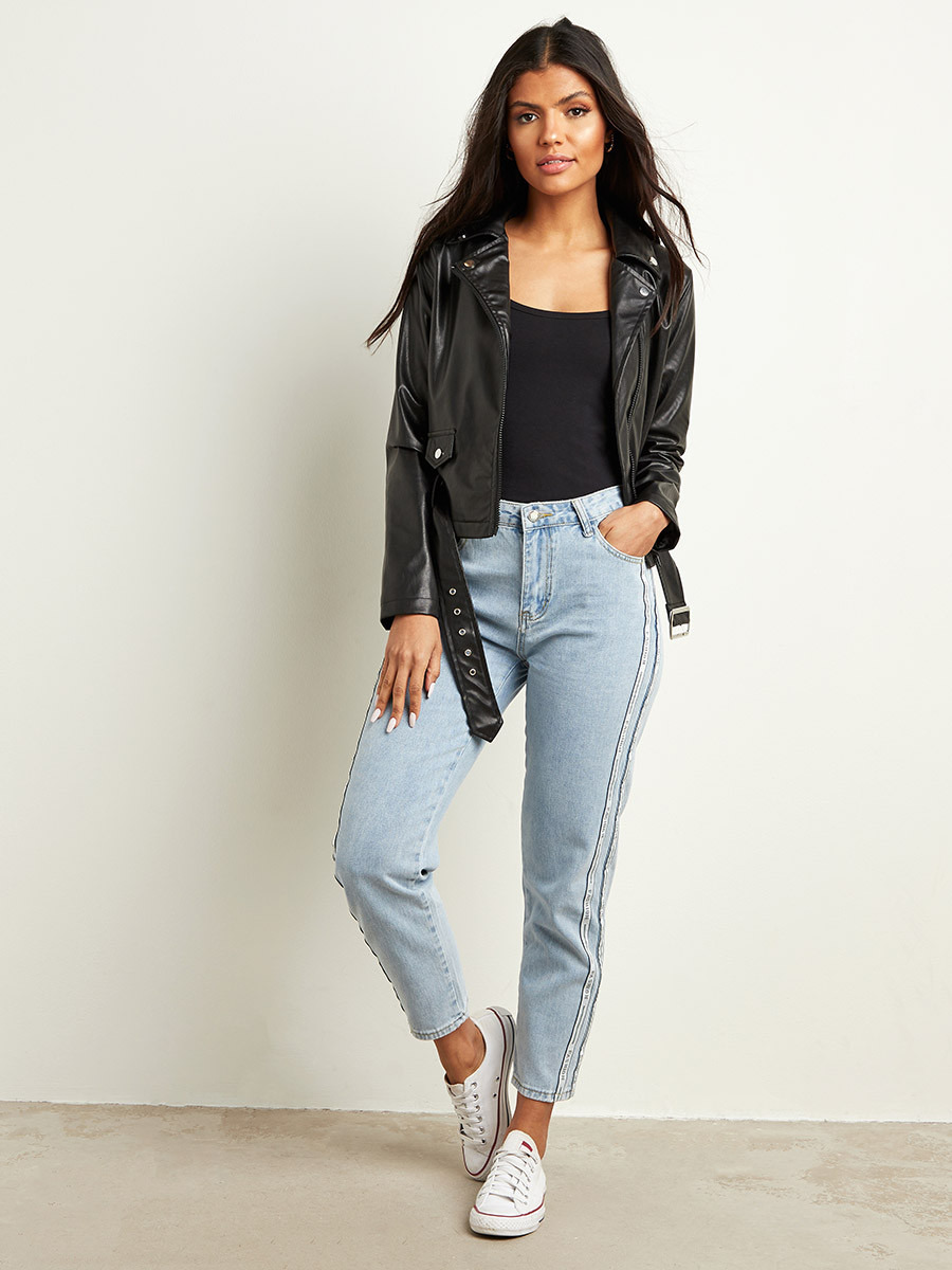 Styli Belted Biker Jacket with Zipper Closure-women-winterwear-coatsandjackets-jackets-image-2