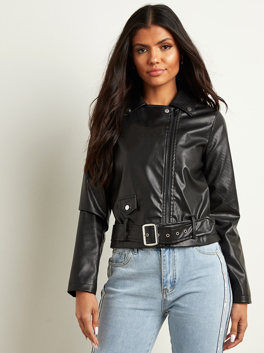 Styli Belted Biker Jacket with Zipper Closure-women-winterwear-coatsandjackets-jackets-image-3