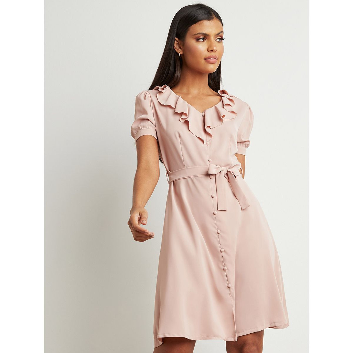 فستان ميدي بأزرار وكشكش من ستايلي-women-clothing-dresses-image-1