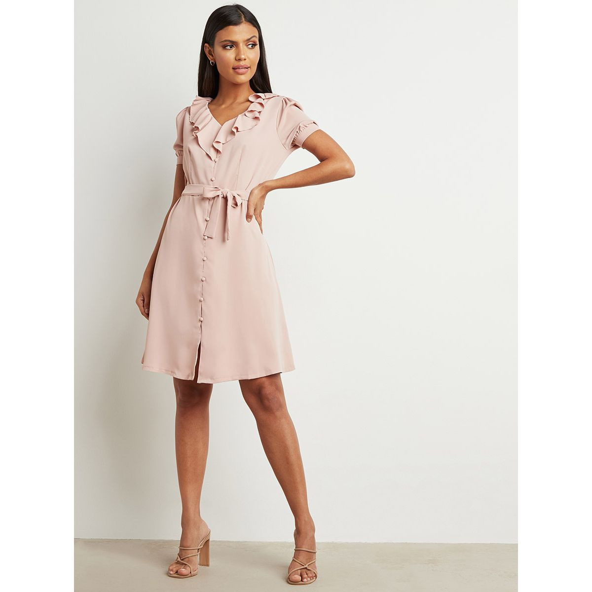 Styli Button Through Frill A-Line Midi Dress with Tie Belt-women-clothing-dresses-image-2