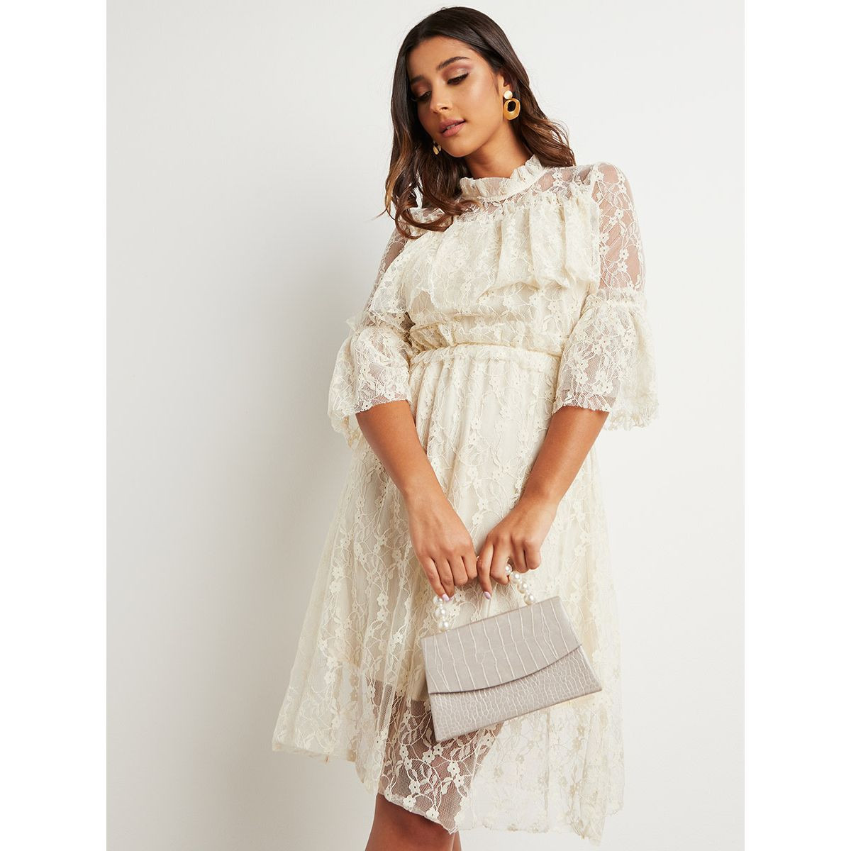 Styli High Neck 3/4 Sleeves Lace Midi Dress-women-clothing-dresses-image-1