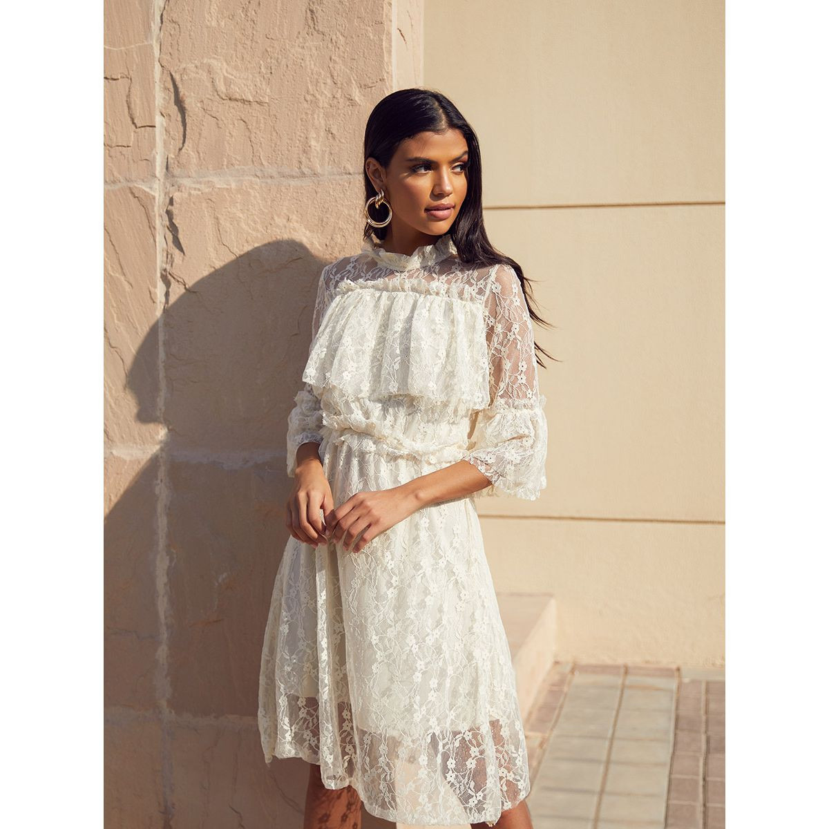 Styli High Neck 3/4 Sleeves Lace Midi Dress-women-clothing-dresses-image-2