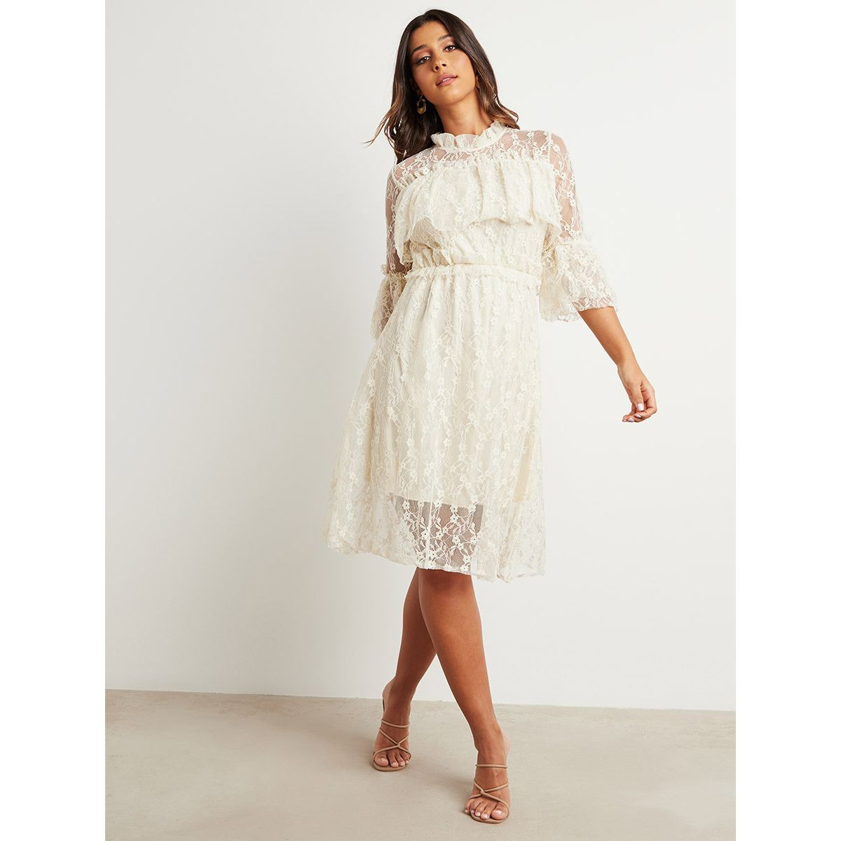 Styli High Neck 3/4 Sleeves Lace Midi Dress-women-clothing-dresses-image-3