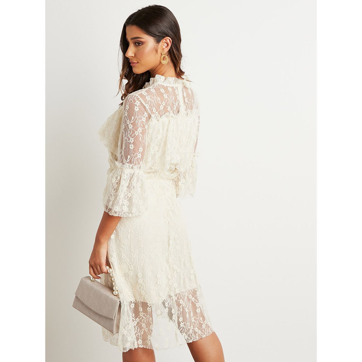 Styli High Neck 3/4 Sleeves Lace Midi Dress-women-clothing-dresses-image-4