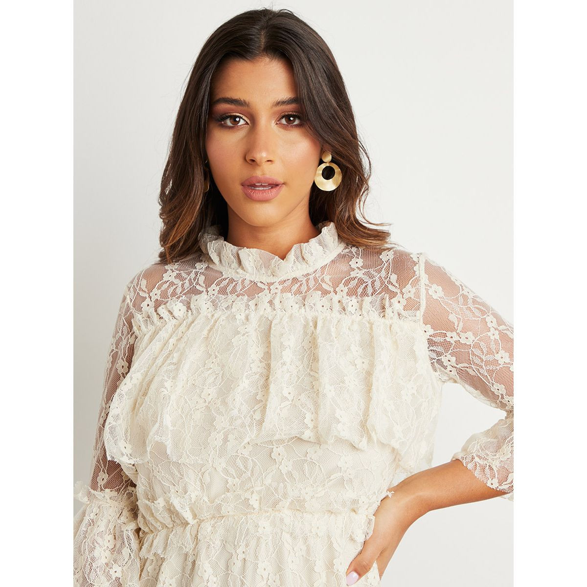 Styli High Neck 3/4 Sleeves Lace Midi Dress-women-clothing-dresses-image-5