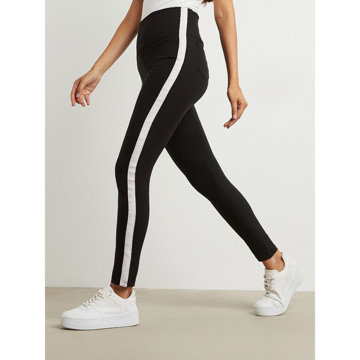 Striped Panel Elastic Waist Jeggings with Back Pocket-women-clothing-leggings-image-1