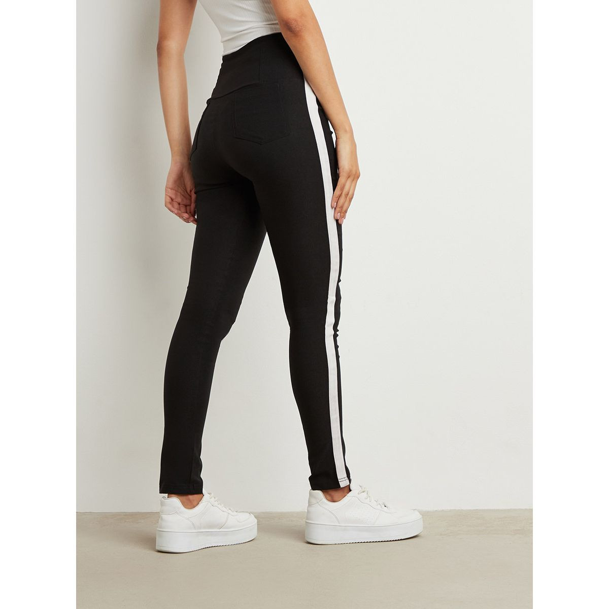 Striped Panel Elastic Waist Jeggings with Back Pocket-women-clothing-leggings-image-3