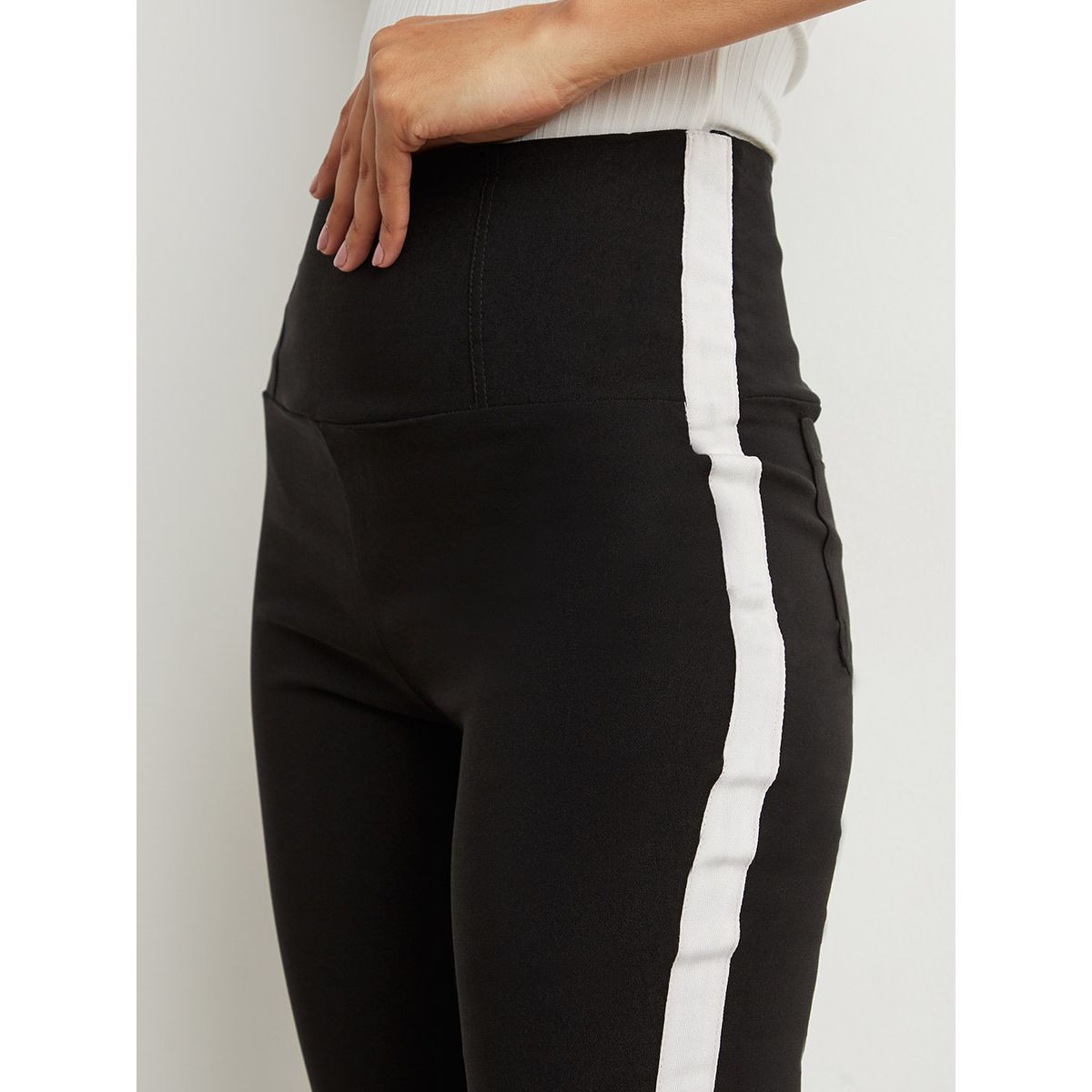 Striped Panel Elastic Waist Jeggings with Back Pocket-women-clothing-leggings-image-4