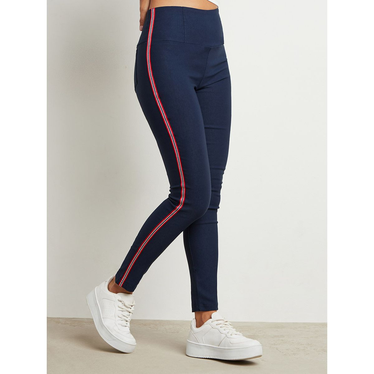 Striped Twill Detail Elastic Jeggings with Back Pocket-women-clothing-bottoms-leggings-image-1