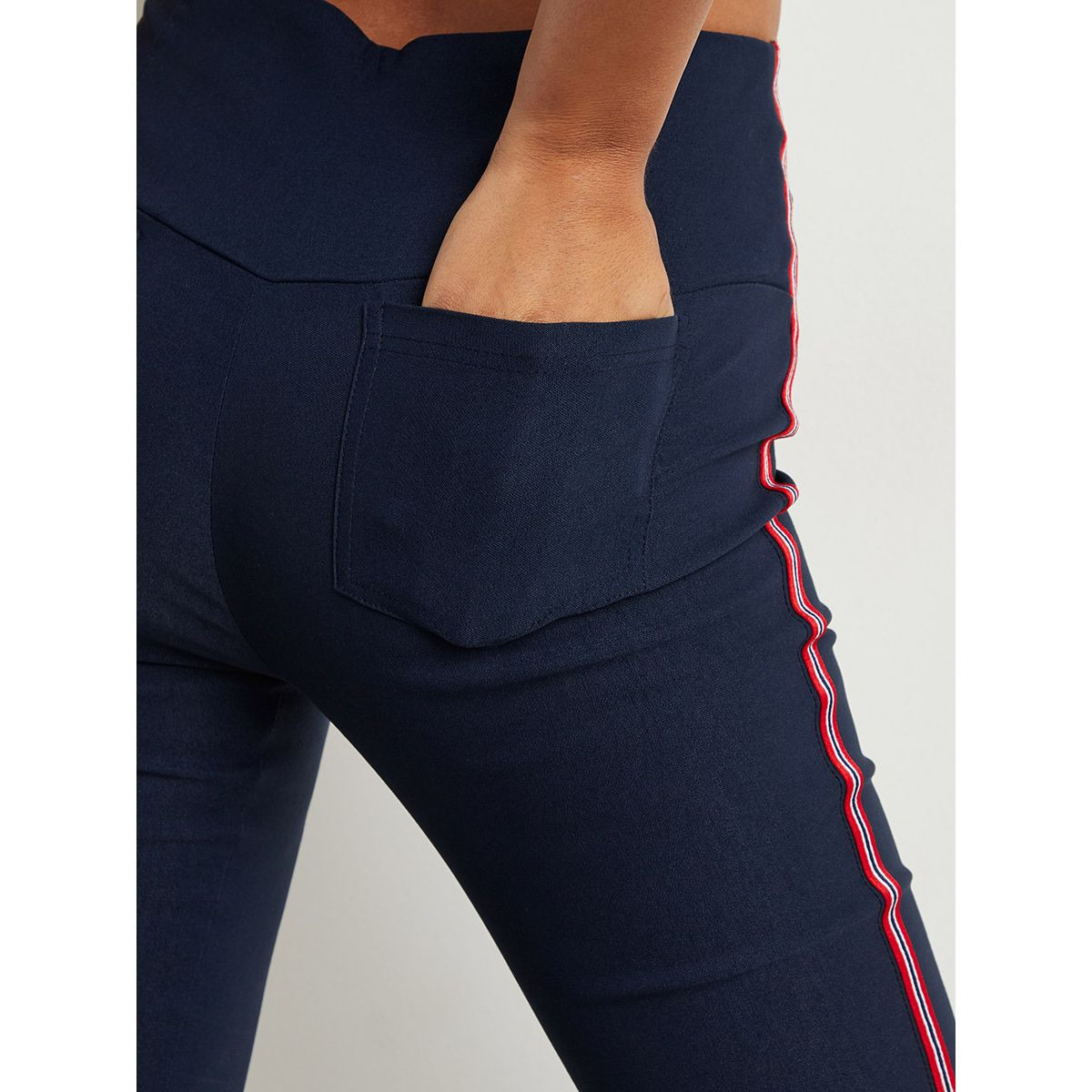 Striped Twill Detail Elastic Jeggings with Back Pocket-women-clothing-bottoms-leggings-image-4