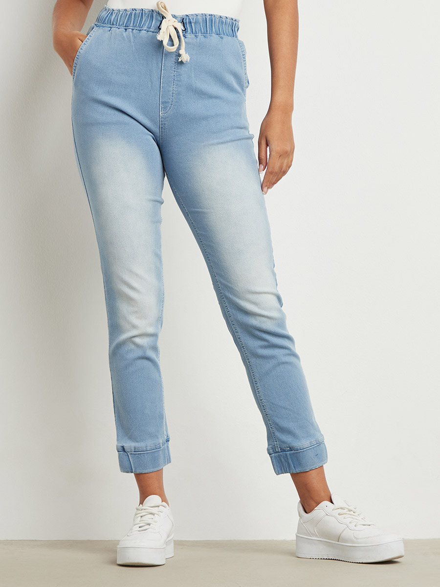 Styli Drawstring Waist Denim Jogger with Side Pocket-women-clothing-bottoms-joggers-image-1