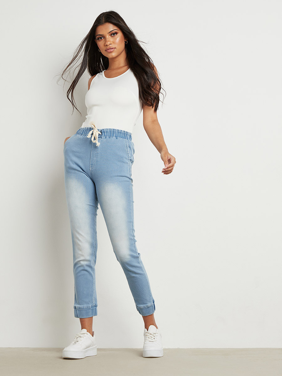 Styli Drawstring Waist Denim Jogger with Side Pocket-women-clothing-bottoms-joggers-image-2