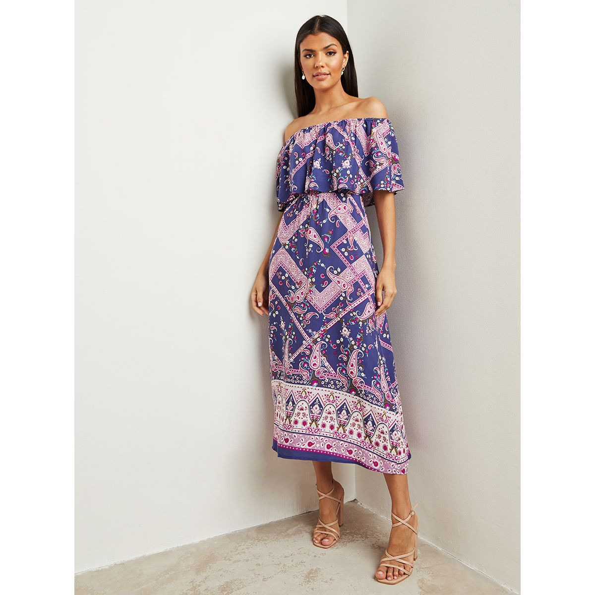 Styli Paisley Floral Printed Bardot Midi Dress-women-clothing-dresses-image-1