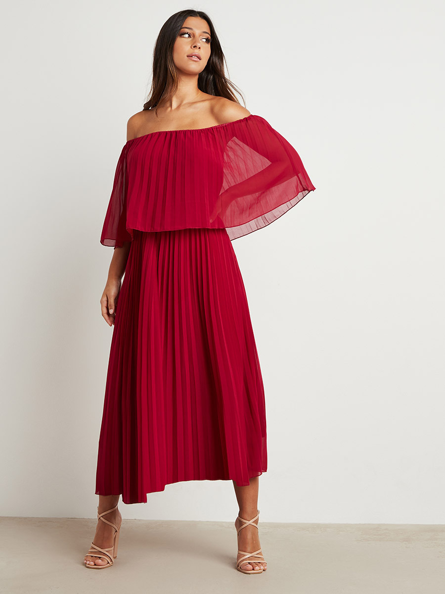 Styli Pleated Bardot A-Line Midi Dress-women-clothing-dresses-image-1