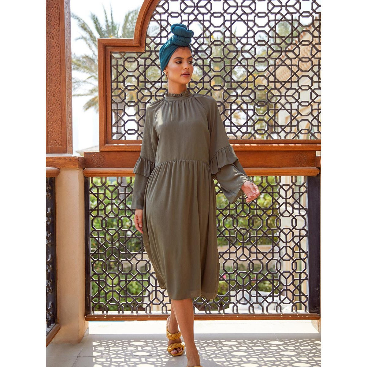 Styli Ruffled High Neck Modest Midi Dress with Frill Sleeves-women-clothing-dresses-image-2