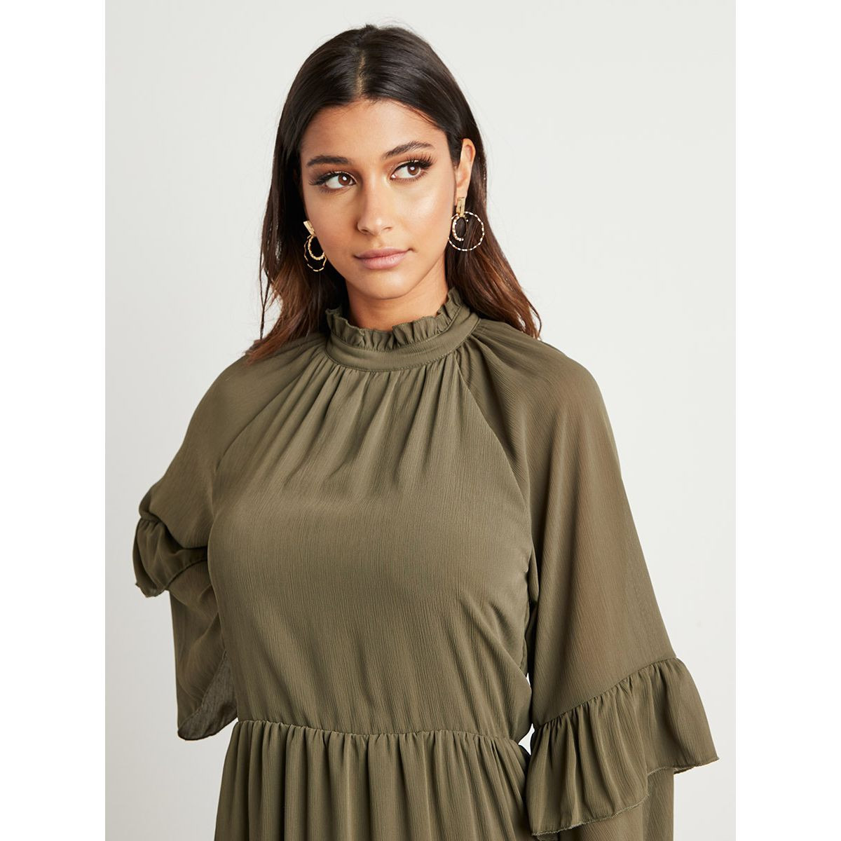 Styli Ruffled High Neck Modest Midi Dress with Frill Sleeves-women-clothing-dresses-image-3