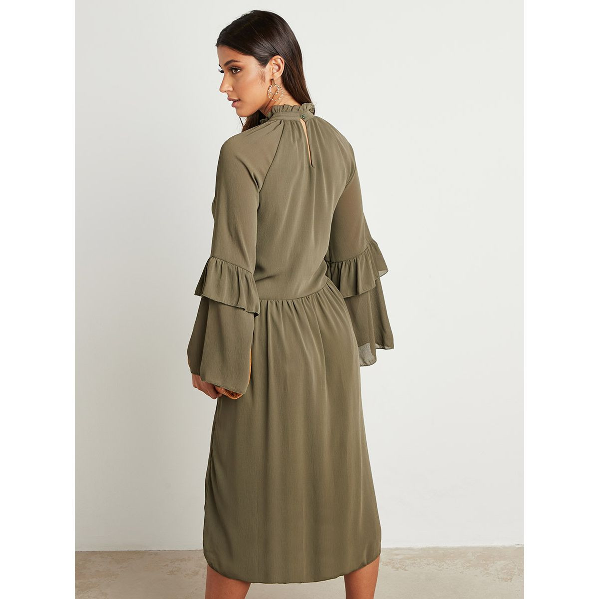Styli Ruffled High Neck Modest Midi Dress with Frill Sleeves-women-clothing-dresses-image-4