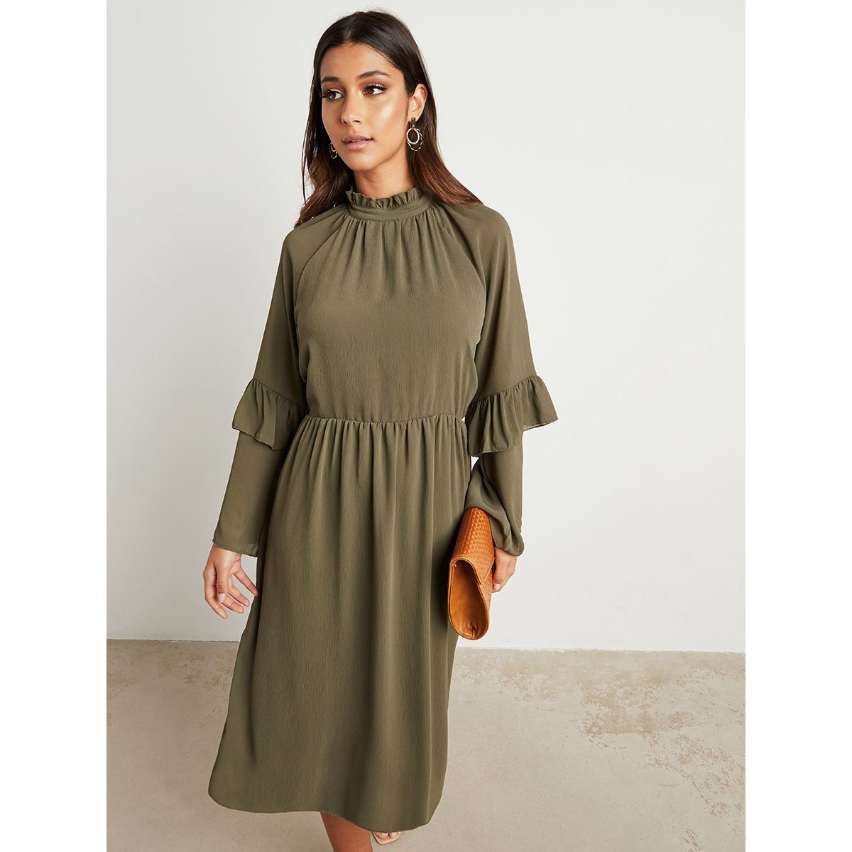 Styli Ruffled High Neck Modest Midi Dress with Frill Sleeves-women-clothing-dresses-image-5