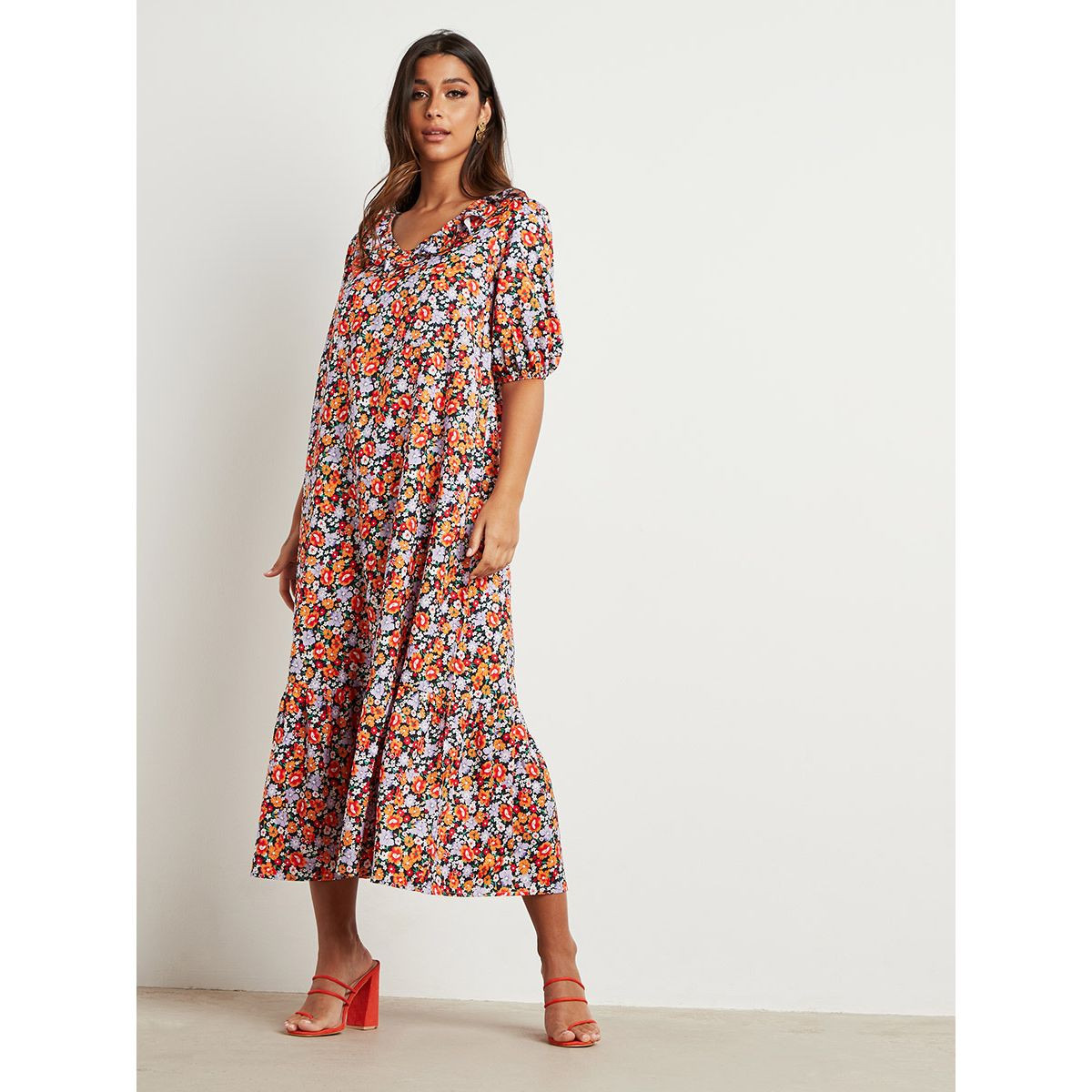 فستان طويل مطبوع بأكمام قصيرة من ستايلي-women-clothing-dresses-image-1