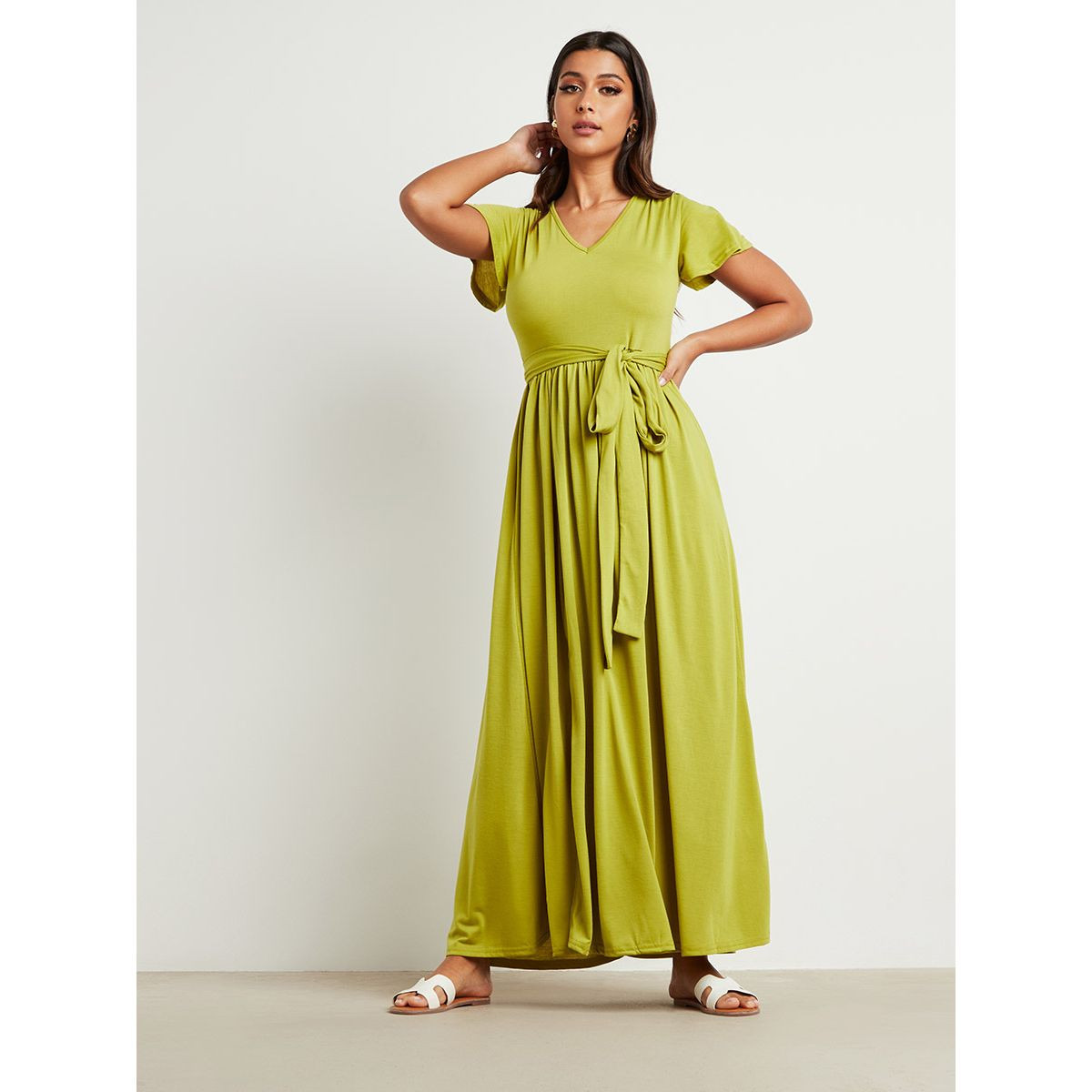 Styli Self Tie Belt V Neck A-Line Maxi Dress with Slit Detail-women-clothing-dresses-image-1