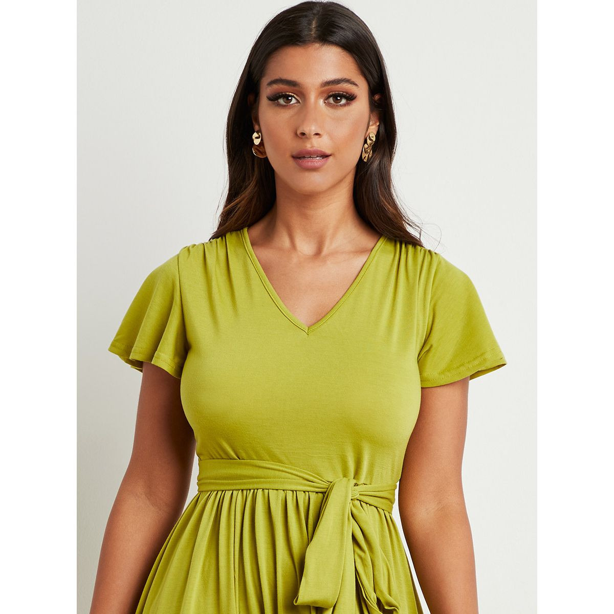 Styli Self Tie Belt V Neck A-Line Maxi Dress with Slit Detail-women-clothing-dresses-image-2