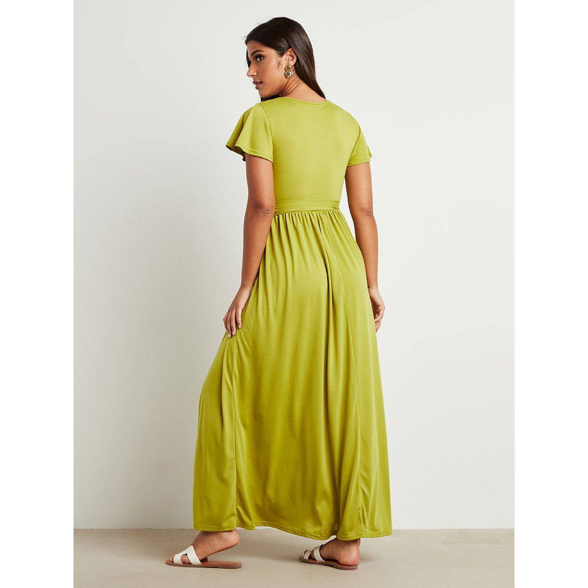 Styli Self Tie Belt V Neck A-Line Maxi Dress with Slit Detail-women-clothing-dresses-image-4