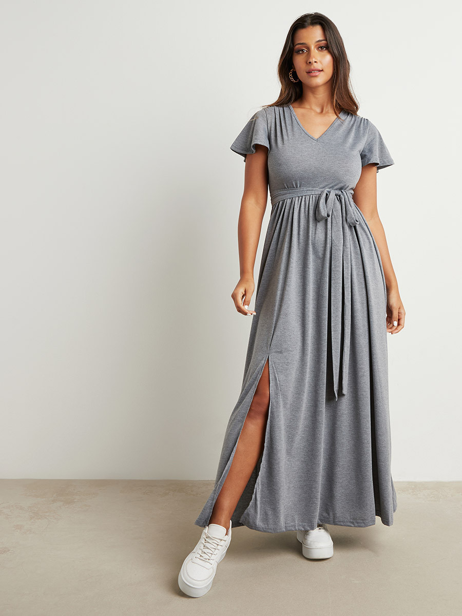 فستان طويل بربطة خصر وأكمام قصيرة من ستايلي-women-clothing-dresses-image-1