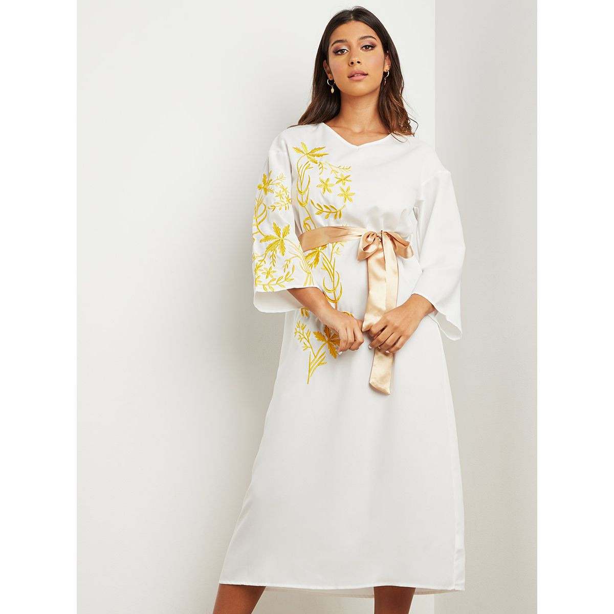 Styli Embroidered Detail V Neck Modest Midi Dress with Bow Tie Waist-women-clothing-dresses-image-1