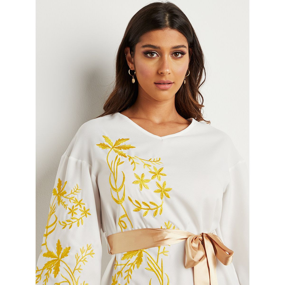 Styli Embroidered Detail V Neck Modest Midi Dress with Bow Tie Waist-women-clothing-dresses-image-2