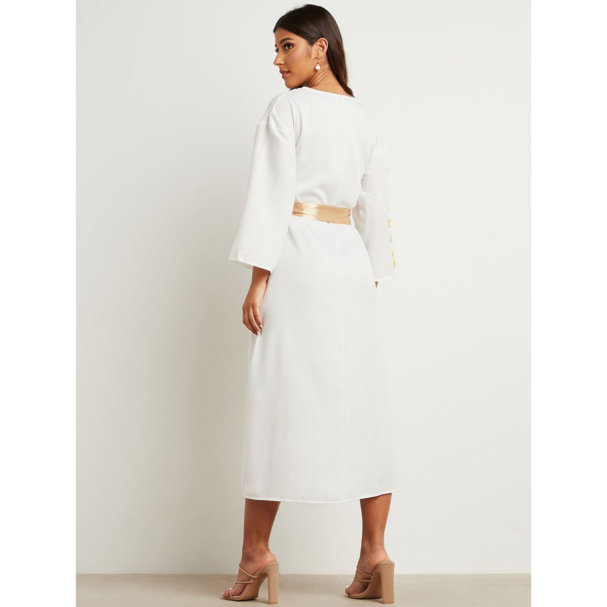 Styli Embroidered Detail V Neck Modest Midi Dress with Bow Tie Waist-women-clothing-dresses-image-4