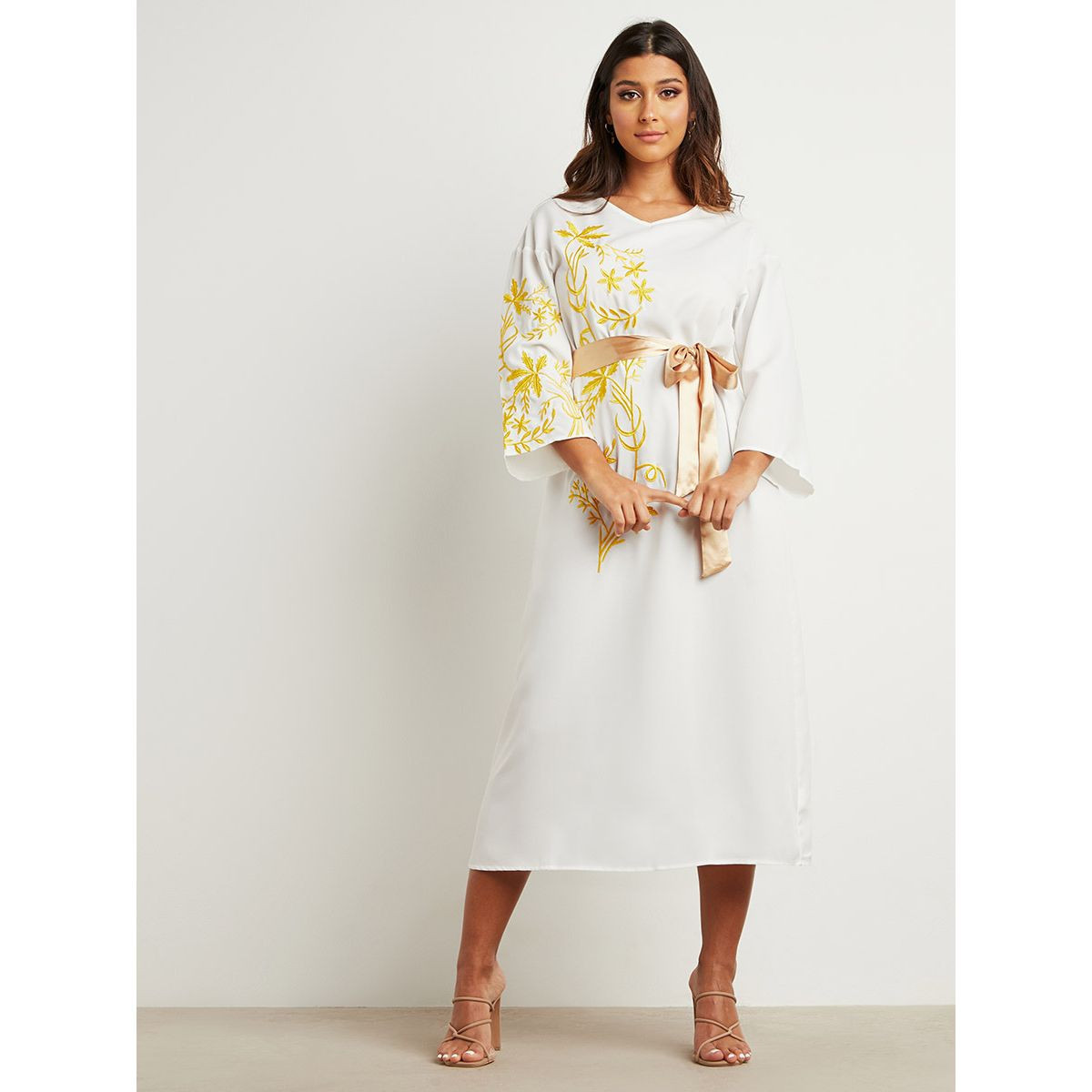 Styli Embroidered Detail V Neck Modest Midi Dress with Bow Tie Waist-women-clothing-dresses-image-5