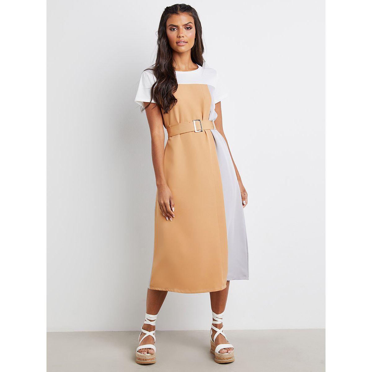 Styli Colorblock A-Line Midi Dress with Buckle Belt-women-clothing-dresses-image-1