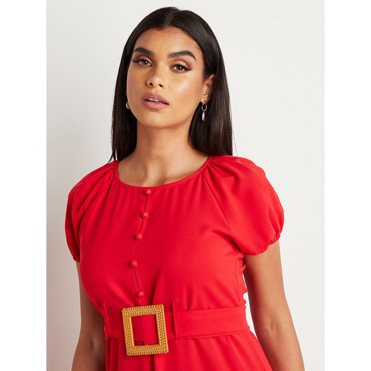 Styli Button Detail Round Neck Belted Midi Dress-women-clothing-dresses-image-2