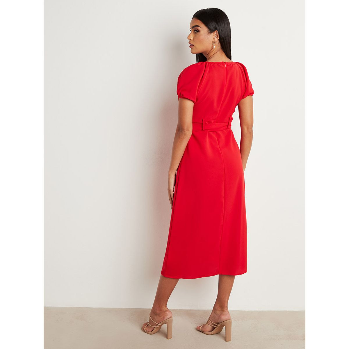 Styli Button Detail Round Neck Belted Midi Dress-women-clothing-dresses-image-3