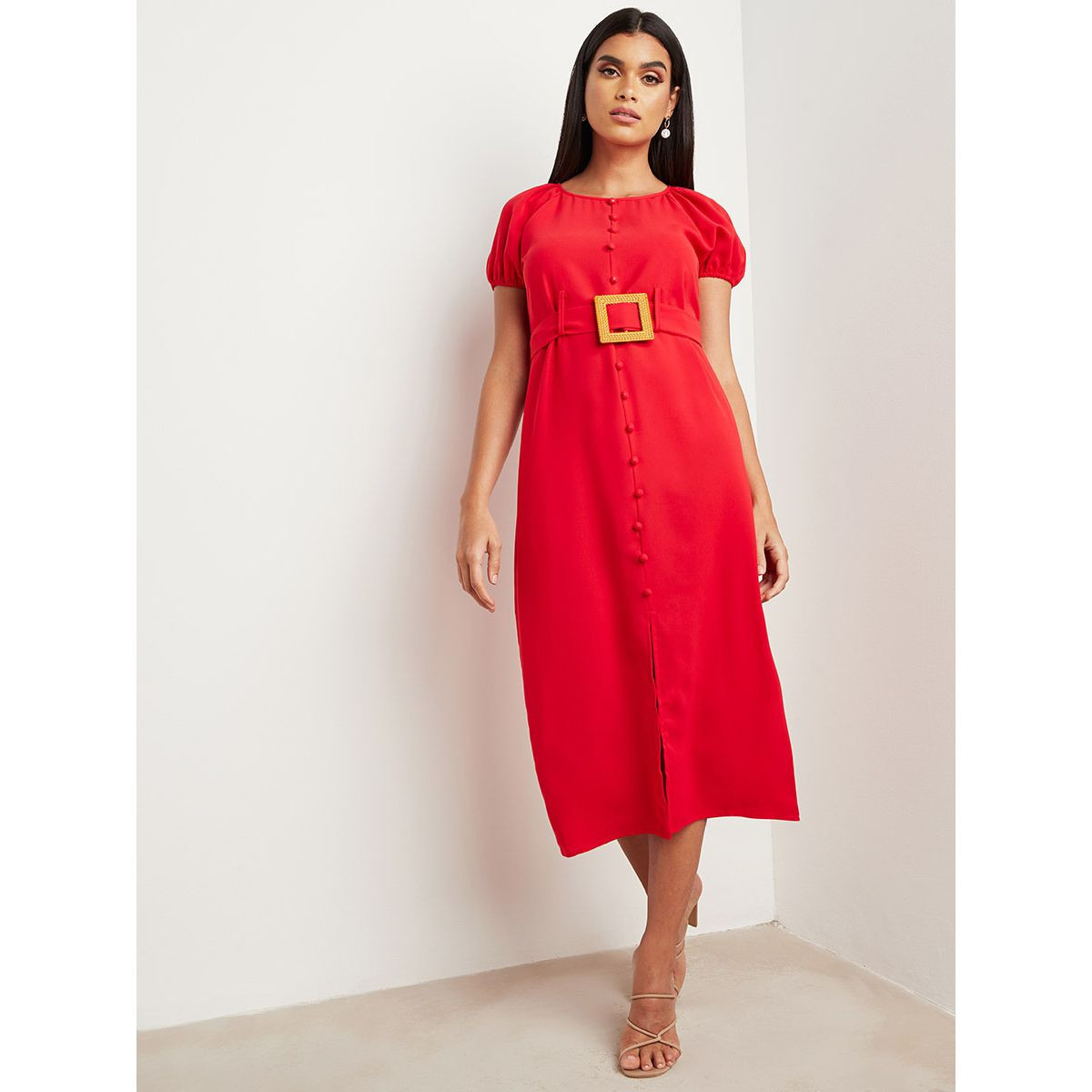Styli Button Detail Round Neck Belted Midi Dress-women-clothing-dresses-image-5