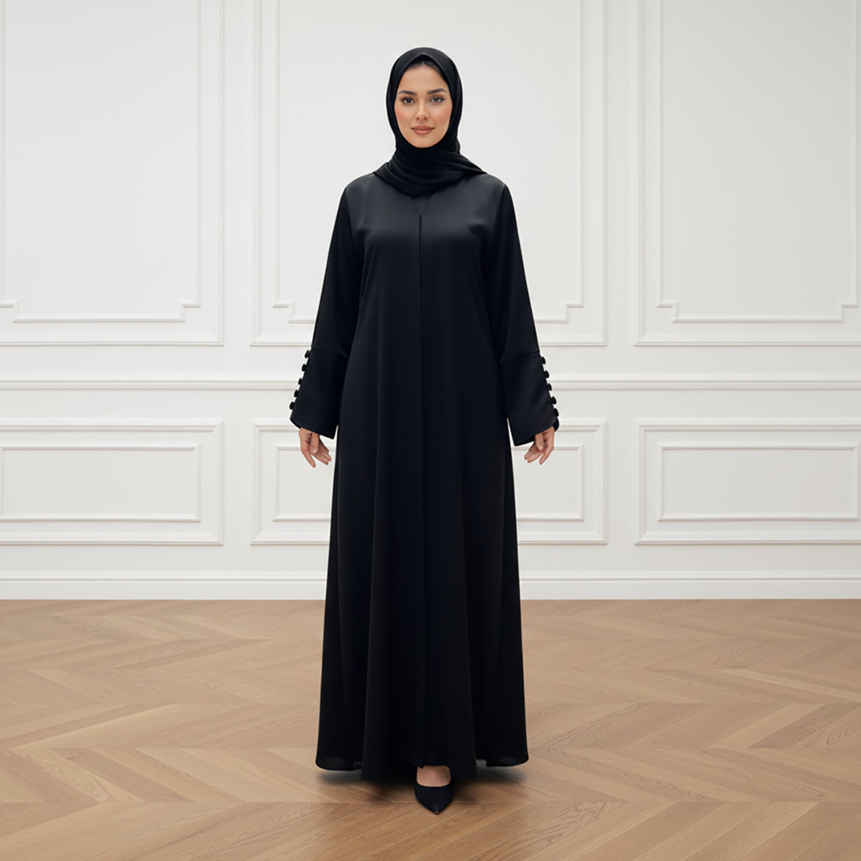 Nukhbaa Black Wide Sleeves Nida Women's Abaya with Hijab-women-arabicclothing-abayas-image-1