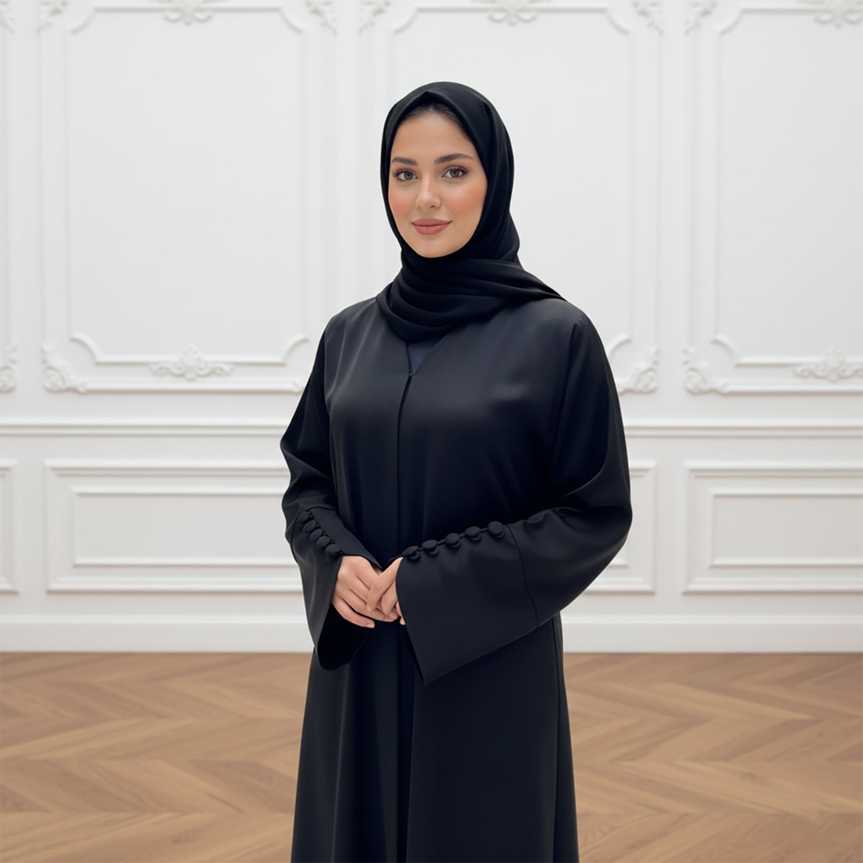 Nukhbaa Black Wide Sleeves Nida Women's Abaya with Hijab-women-arabicclothing-abayas-image-2