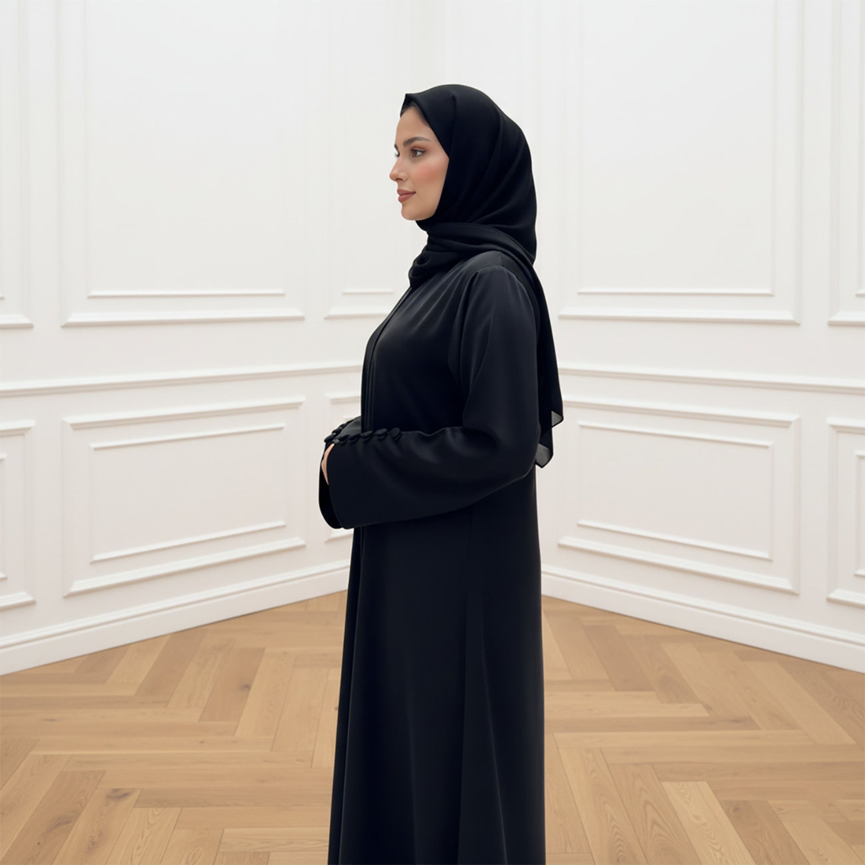 Nukhbaa Black Wide Sleeves Nida Women's Abaya with Hijab-women-arabicclothing-abayas-image-3
