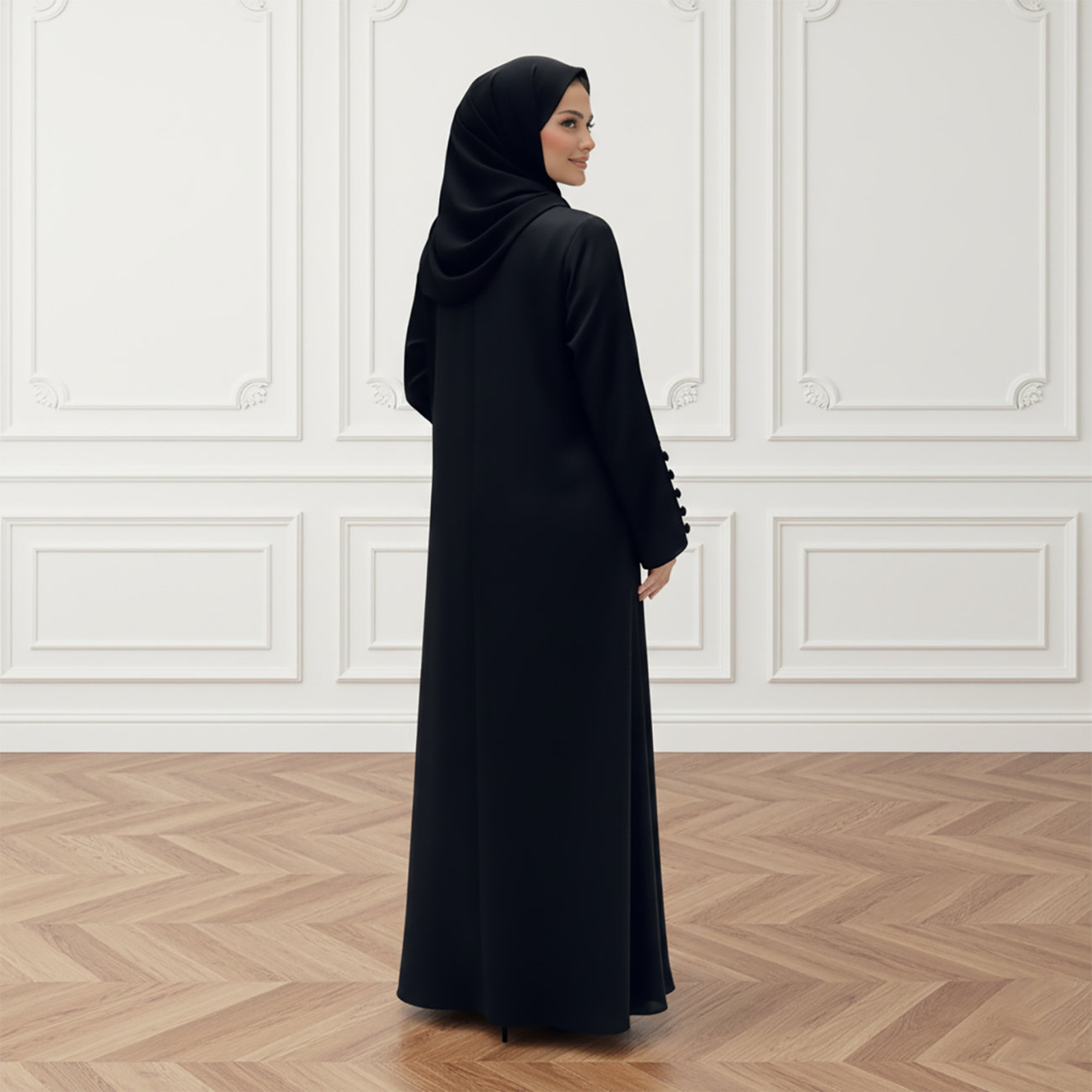 Nukhbaa Black Wide Sleeves Nida Women's Abaya with Hijab-women-arabicclothing-abayas-image-4