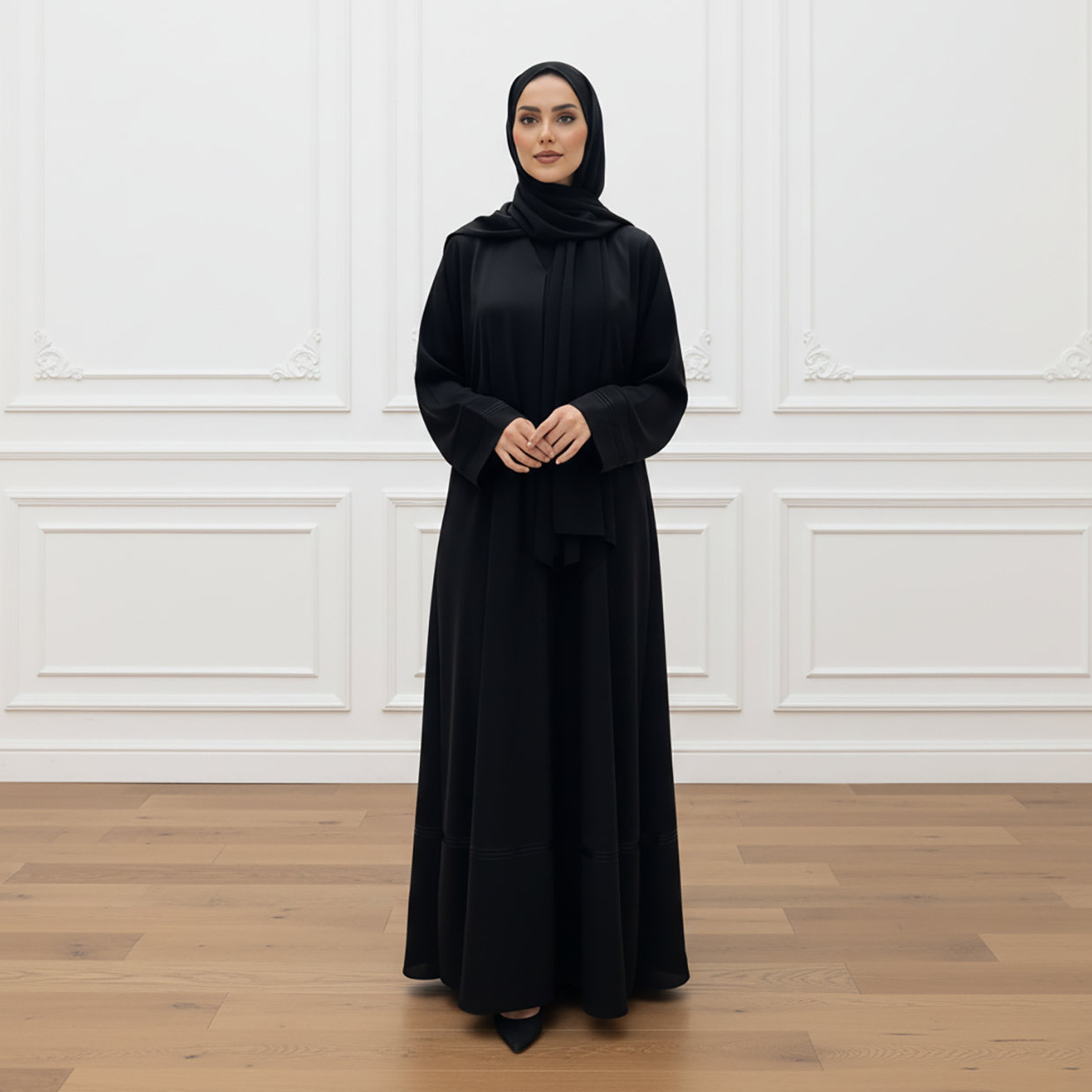 Nukhbaa Black Nida Women's Abaya with Hijab-women-arabicclothing-abayas-image-1