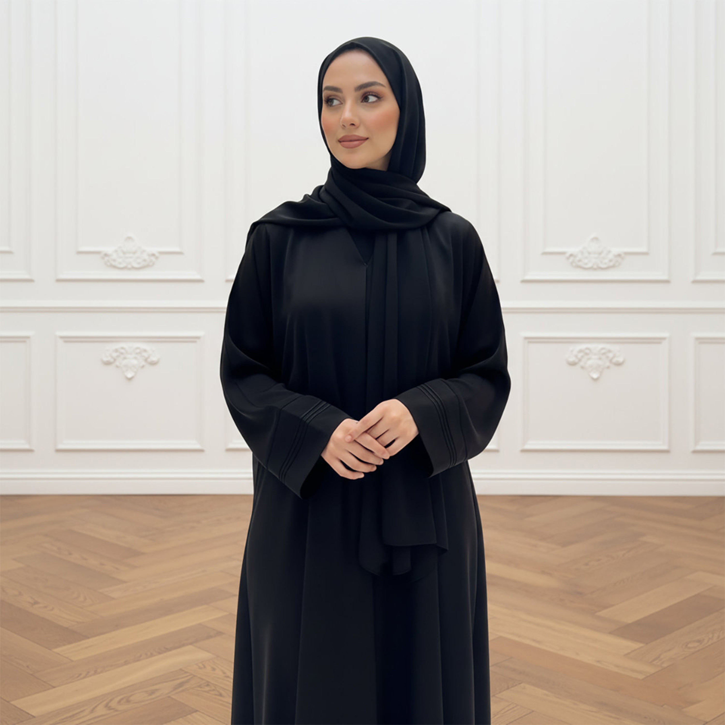 Nukhbaa Black Nida Women's Abaya with Hijab-women-arabicclothing-abayas-image-2