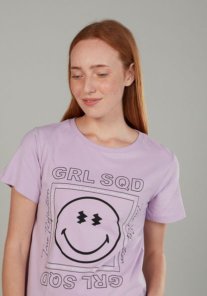 Smiley World Printed T-shirt with Round Neck and Short Sleeves