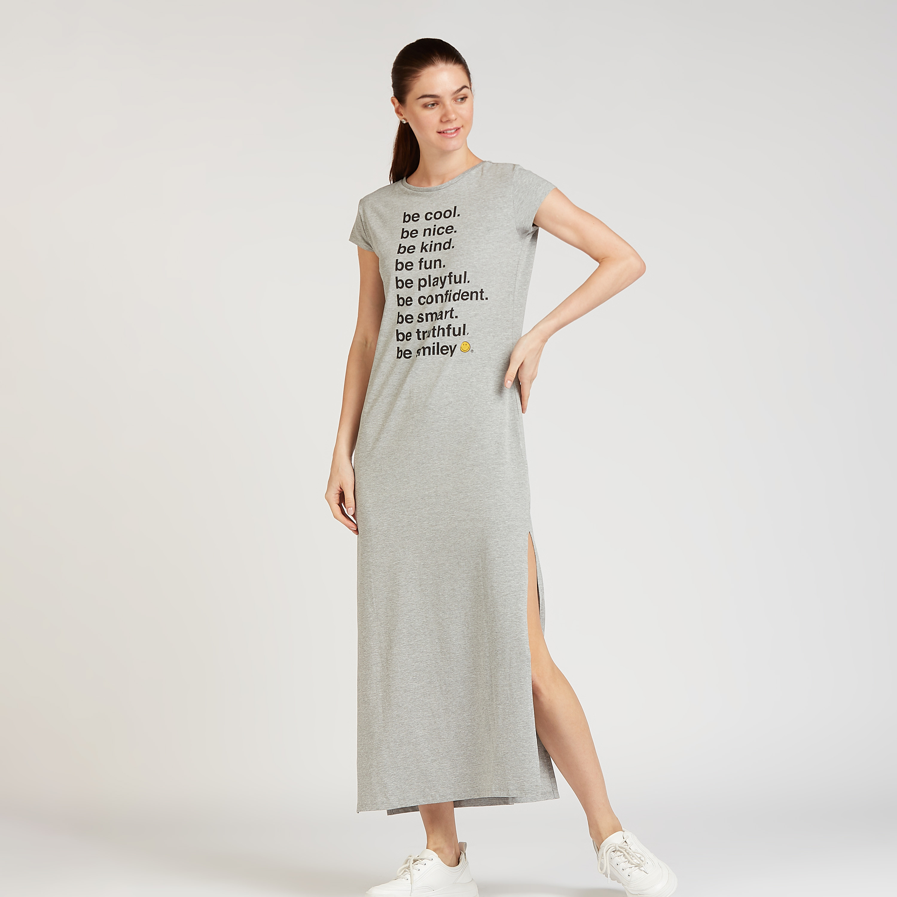 Smiley World Printed Maxi T shirt Dress with Cap Sleeves and Side Slit