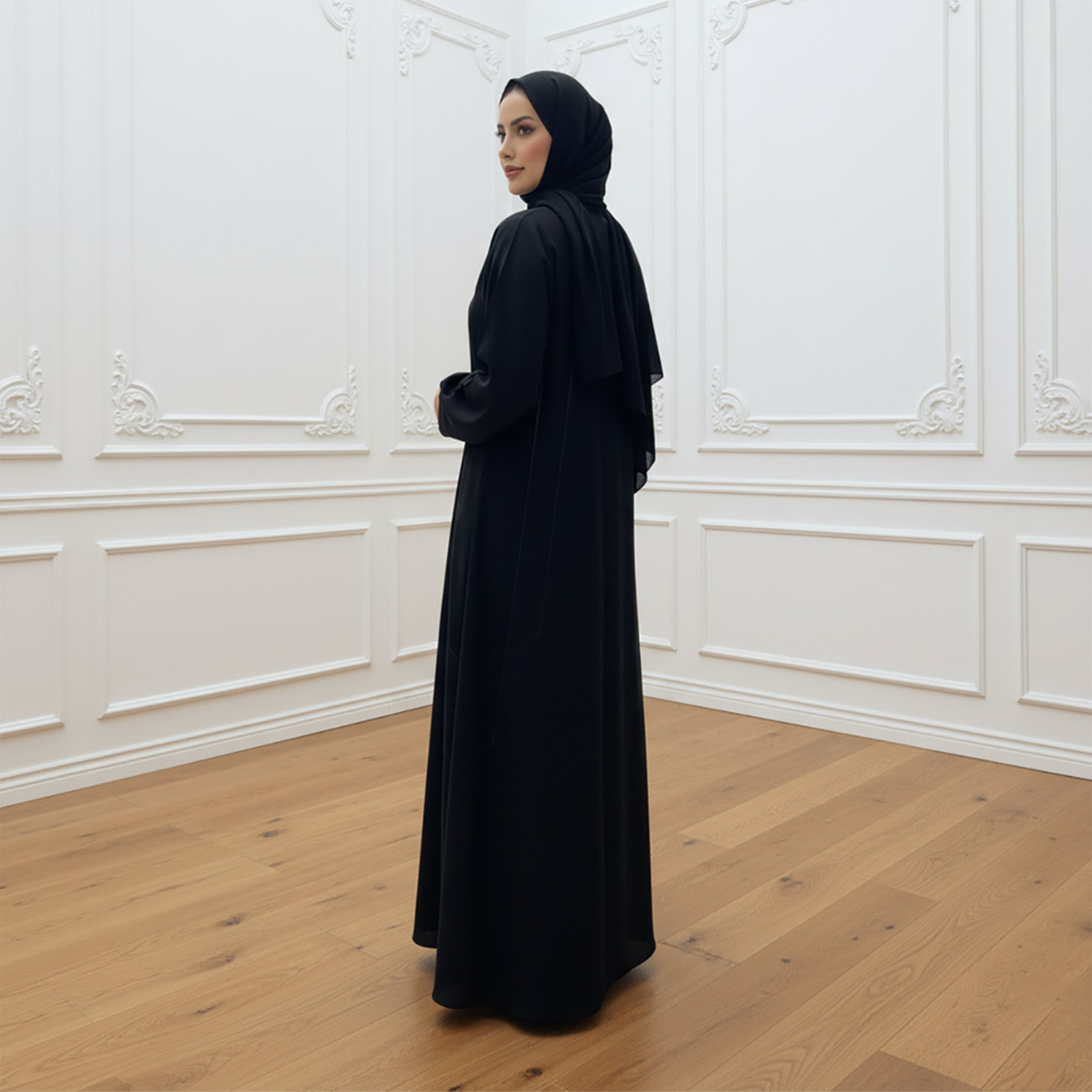 Nukhbaa Black Nida Women's Abaya with Hijab-women-arabicclothing-abayas-image-4