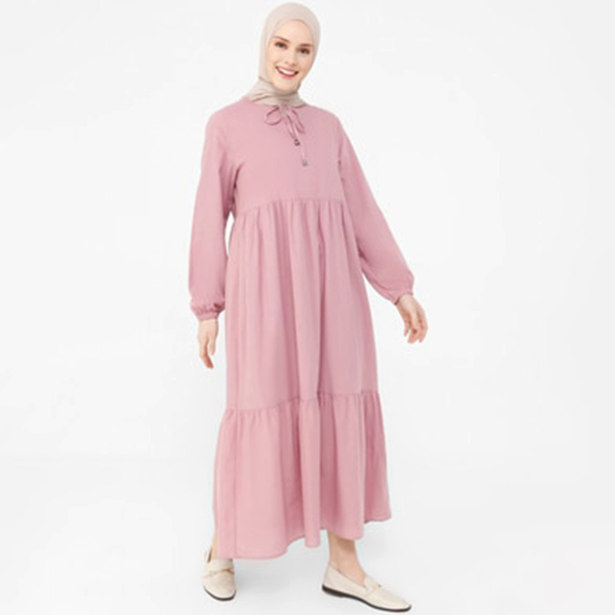 Women Solid Pink Front Tie Up Maxi Dress Benin By Modanisa-women-clothing-dresses-image-2