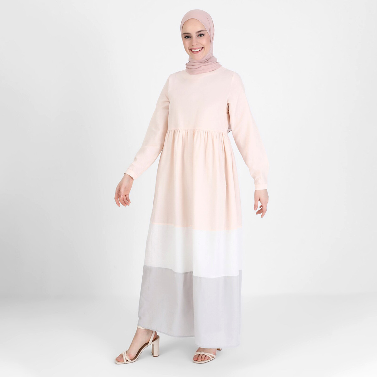 Modanisa Women Powder Pink Colour Block Back Zipper Crew Neck Jalabiya-women-clothing-dresses-image-1