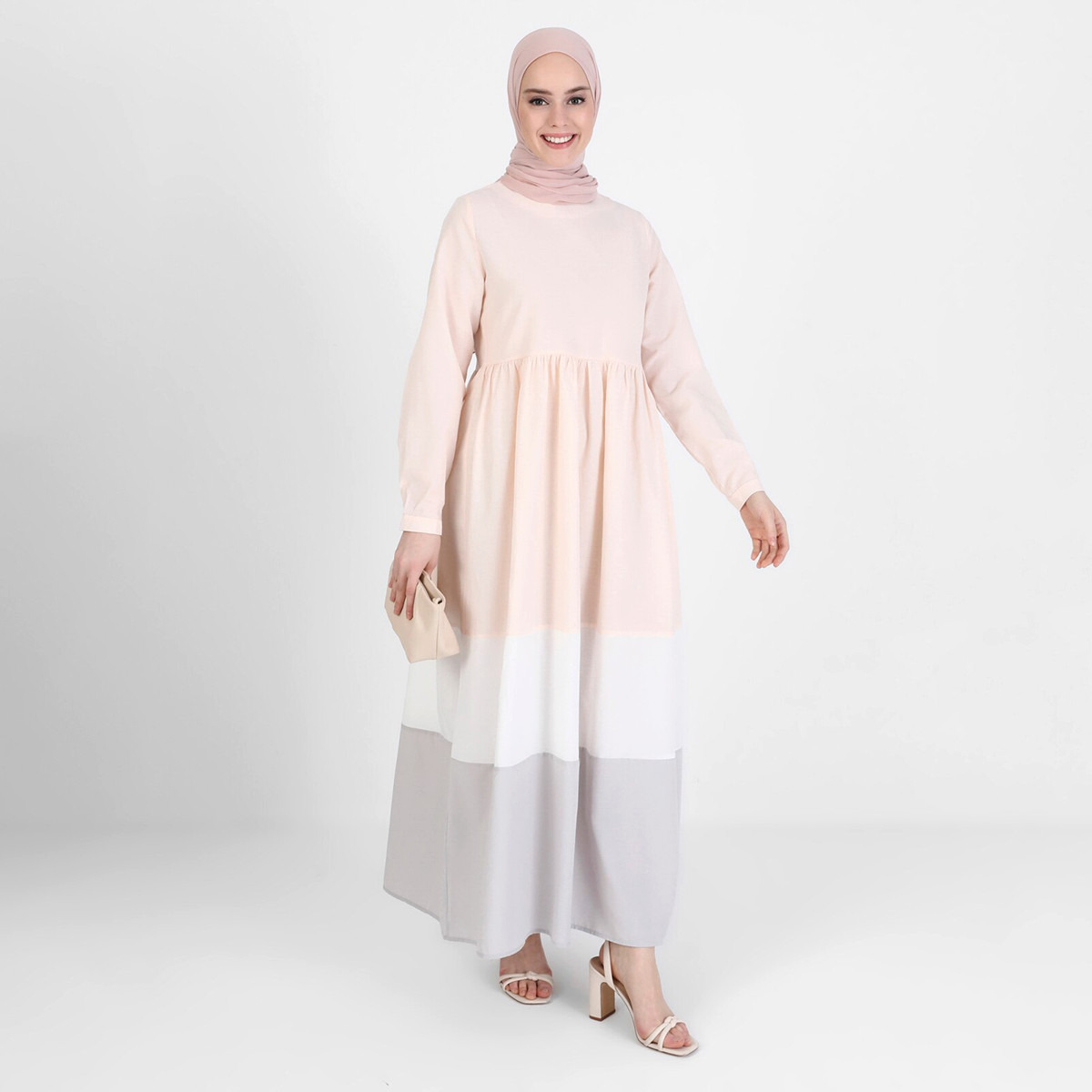 Modanisa Women Powder Pink Colour Block Back Zipper Crew Neck Jalabiya-women-clothing-dresses-image-3